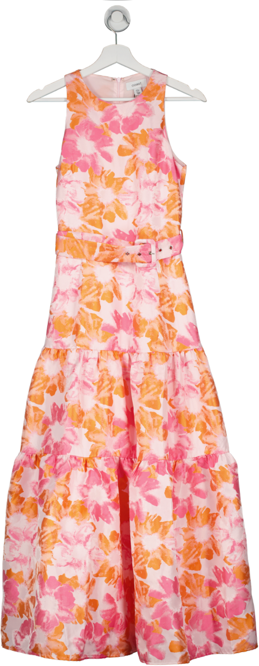 Coast Pink Belted Midi Dress With Frill Hem In Jacquard UK 8