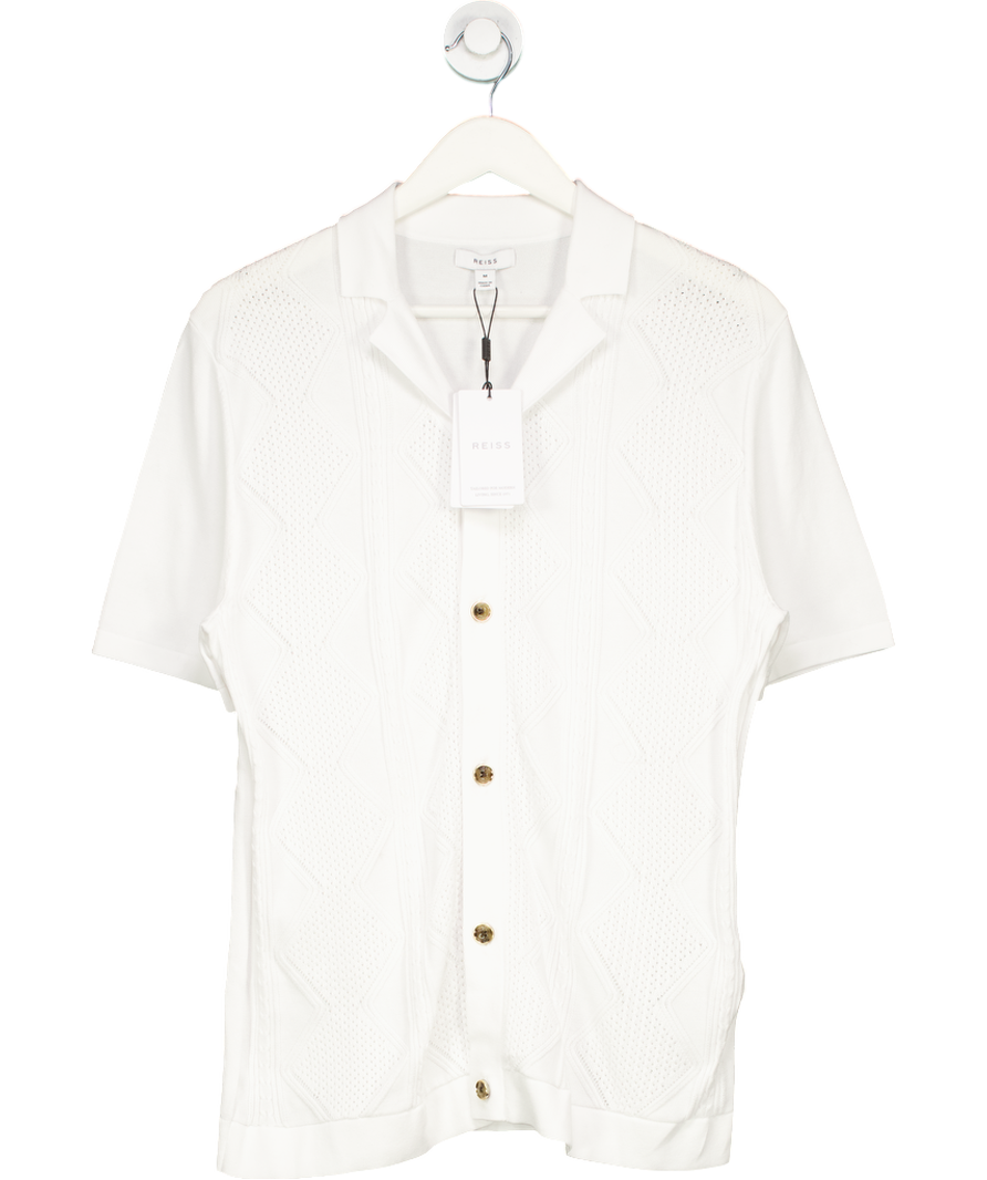 REISS White Fortune Cable Knit Cuban Collar Shirt UK M