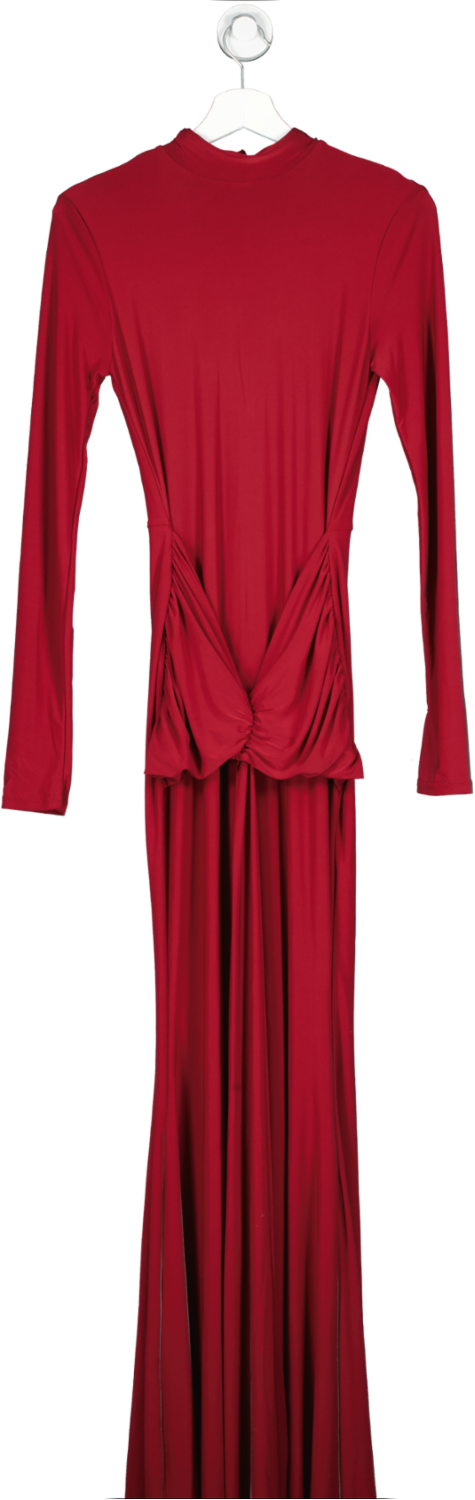 Club L Red Pietra - Berry High Neck Long Sleeve Knot Maxi Dress UK 8