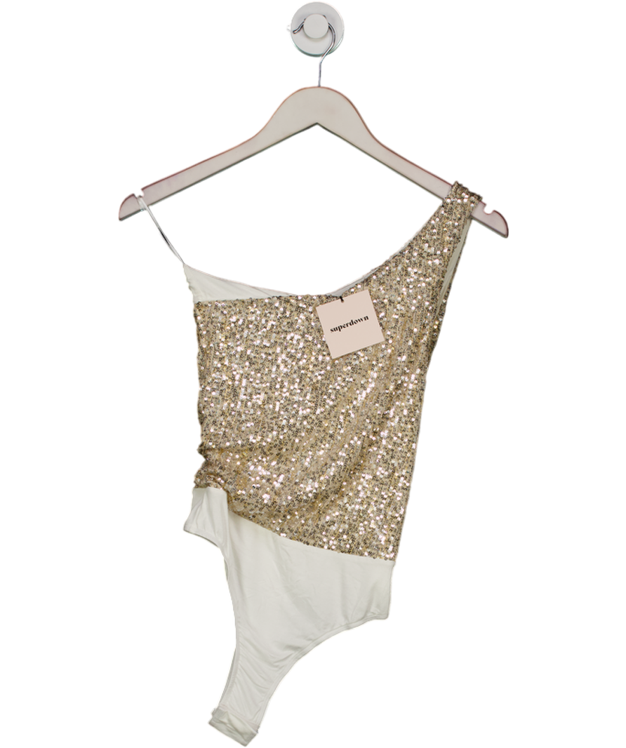 Superdown Cream Cream/gold Sequin Remi One Shoulder Bodysuit UK S