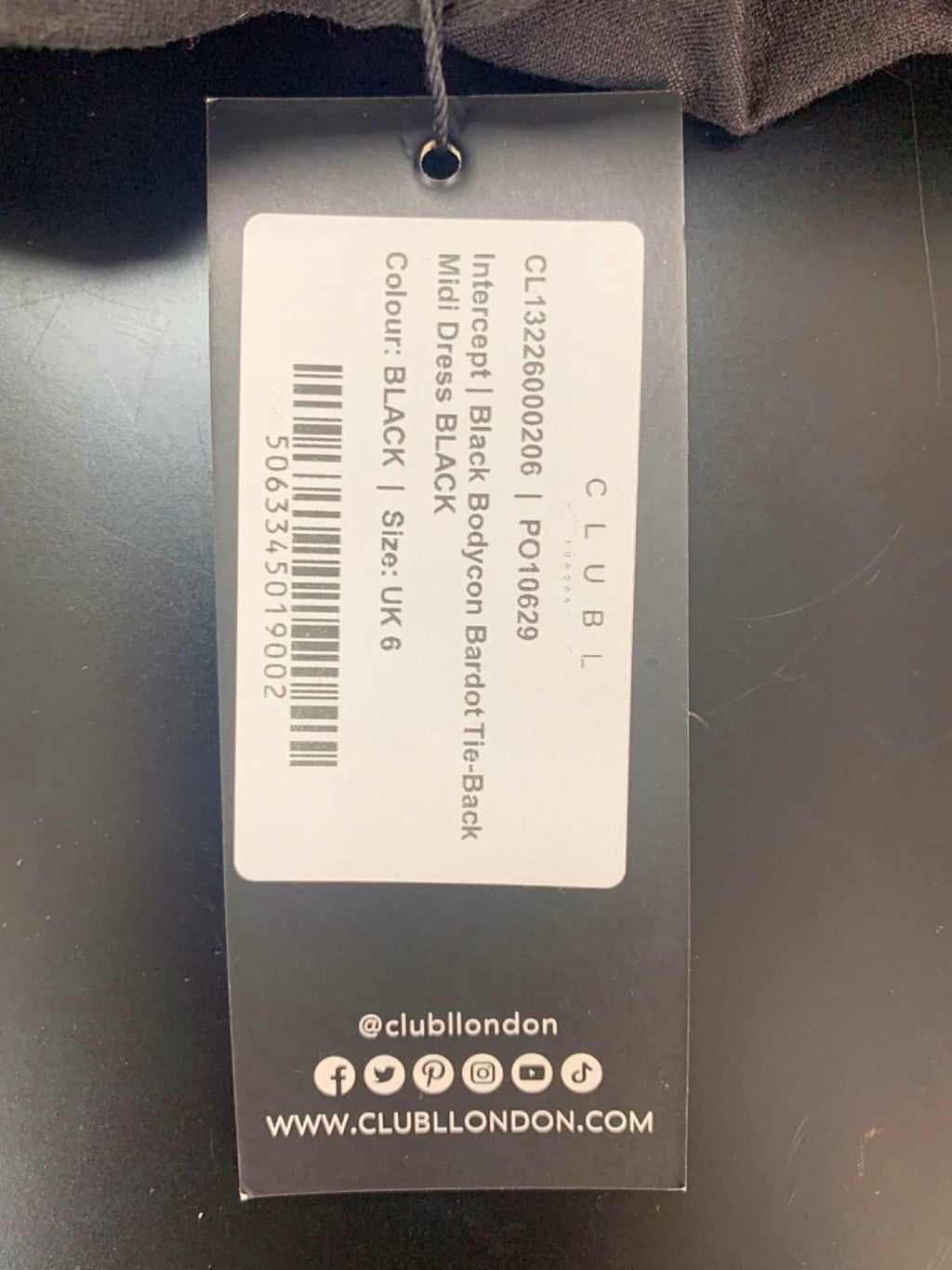 Club L London Black Bardot Tie Back Bodycon Midi Dress UK 6