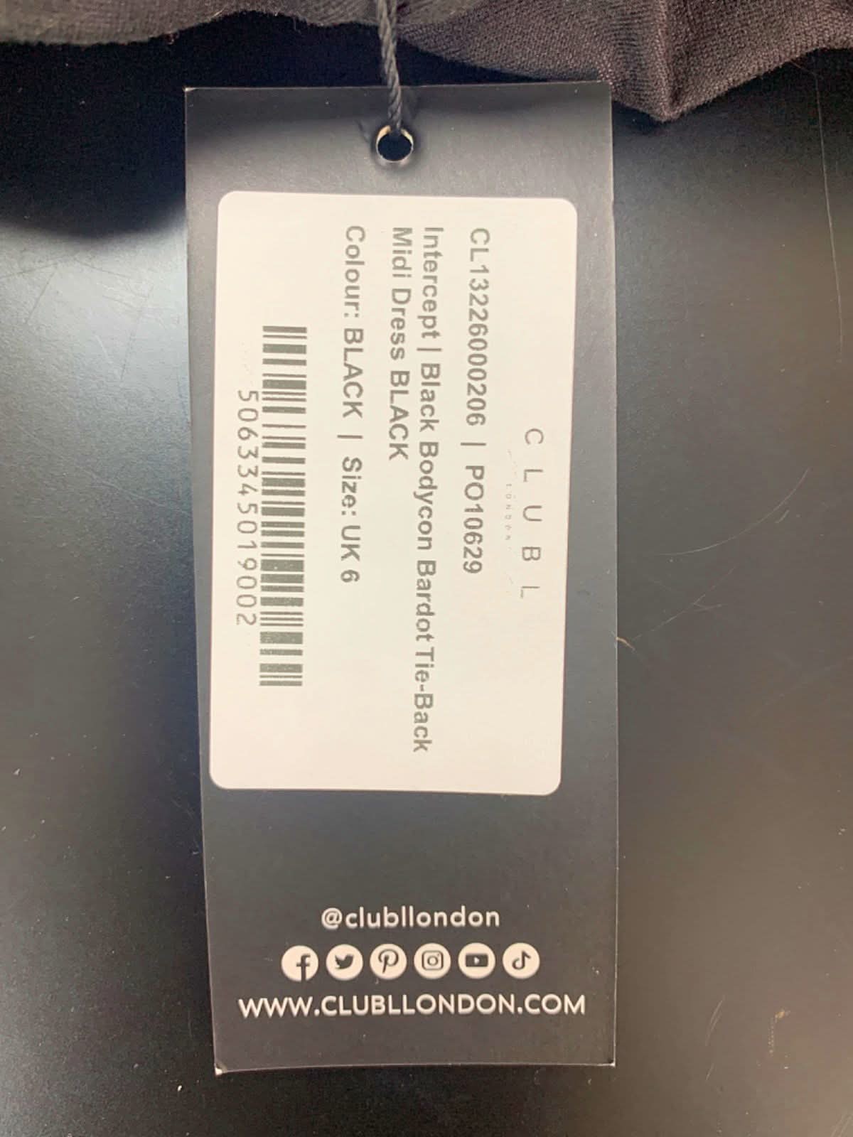 Club L London Black Bardot Tie Back Bodycon Midi Dress UK 6