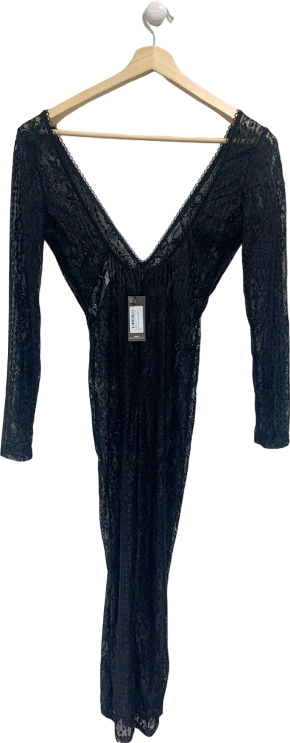 Pretty Little Thing Black Lace Long Sleeve Bodysuit Maxi Dress UK 8