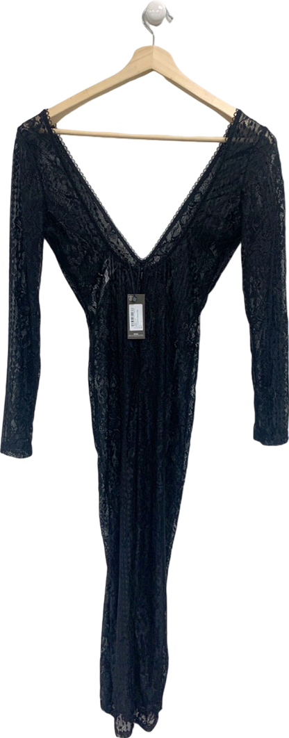 Pretty Little Thing Black Lace Long Sleeve Bodysuit Maxi Dress UK 8