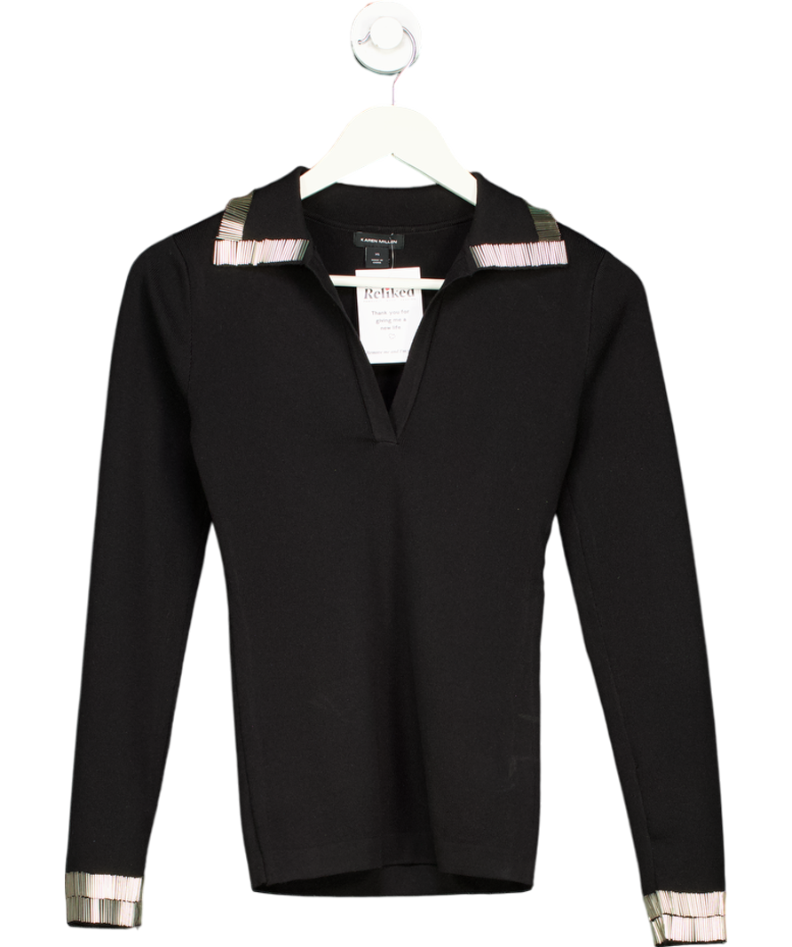 Karen Millen Black Embellished Collar And Cuff Viscose Blend Knit Polo Top UK XS