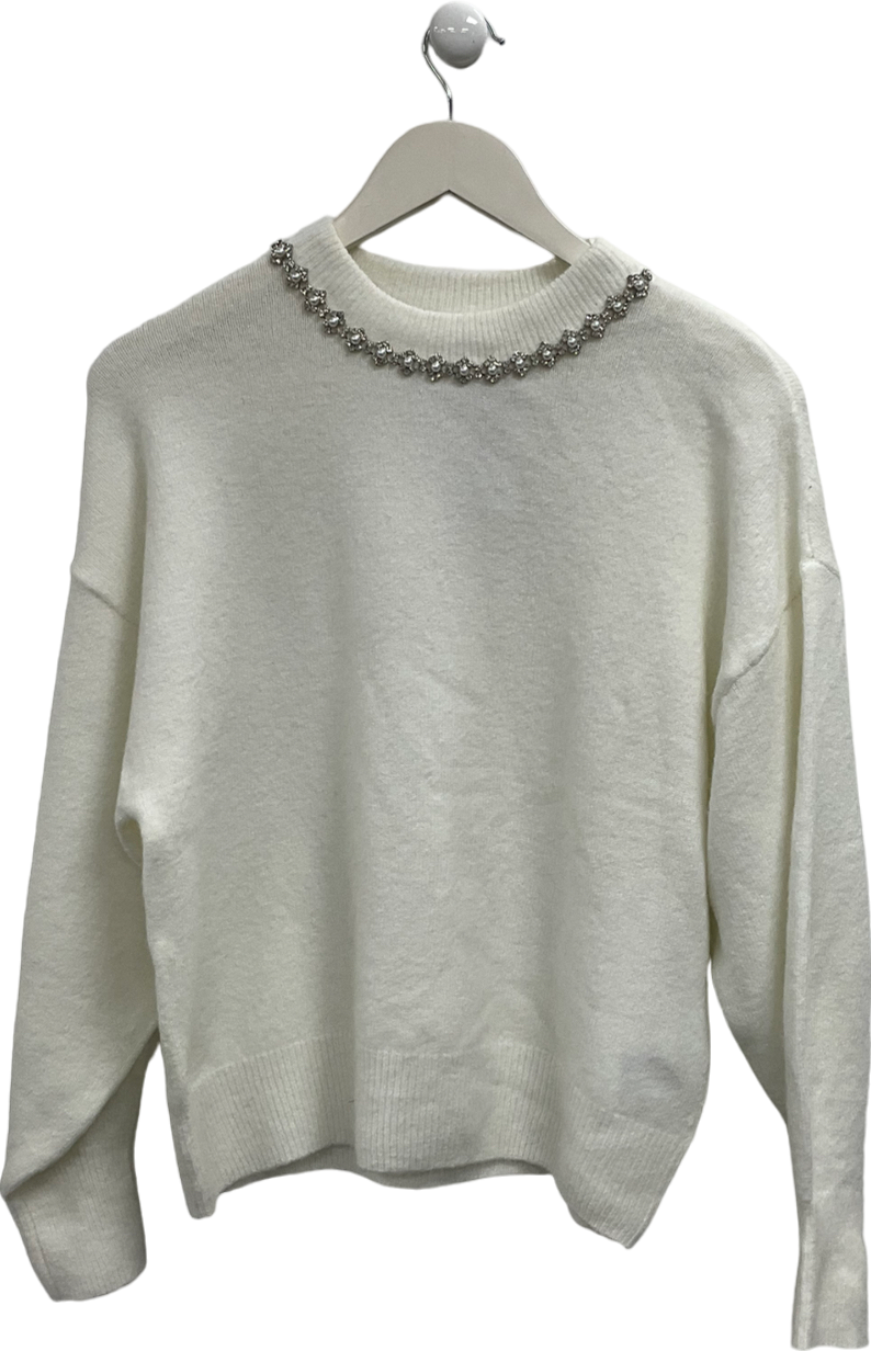 H&M White Embellished Jumper UK XS