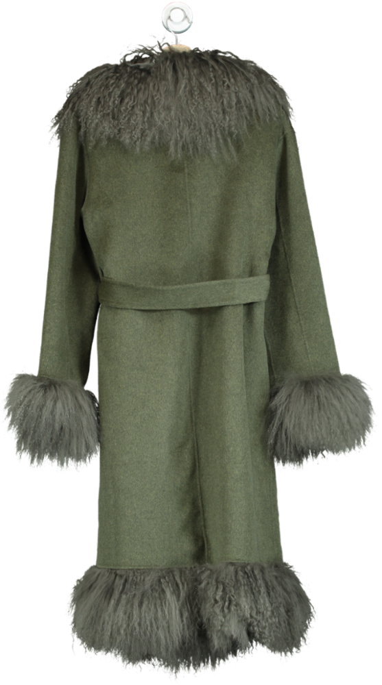 Charlotte Simone Green Harlow Khaki Flecked Wool Mongolian Lambswool Long-line Coat UK M