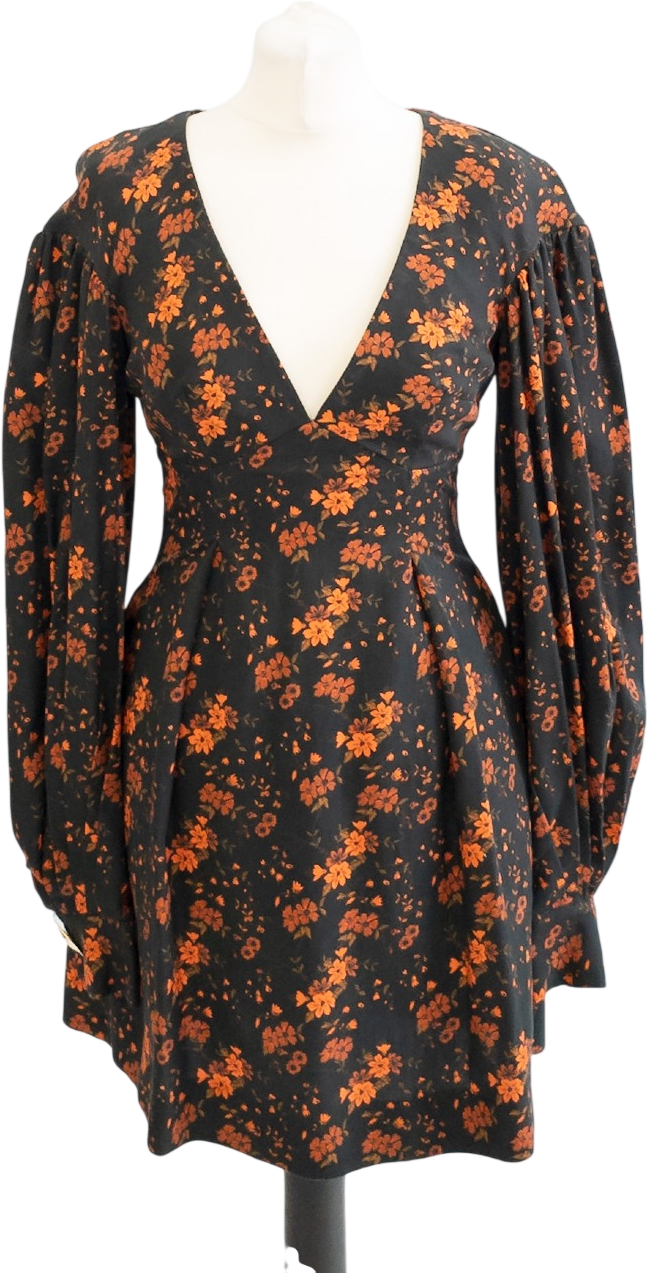 MOTHER OF PEARL Black Floral Puff  Sleeve Mini Dress UK 8