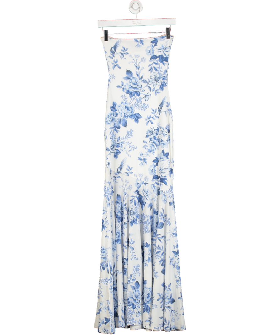 Club L White Callie Porcelain Print Bandeau Fishtail Maxi Dress UK 6