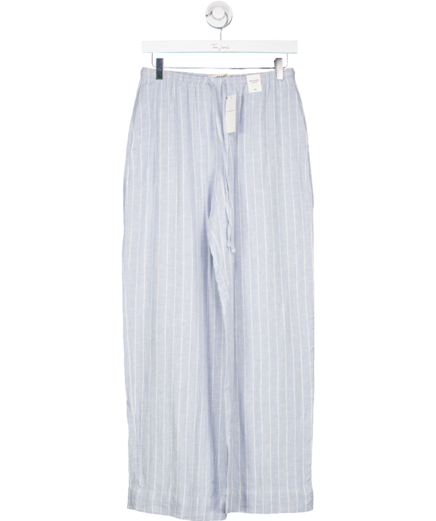 Abercrombie & Fitch Wide Leg Linen Blend Pull On Tie Trousers In Blue Stripe UK XS