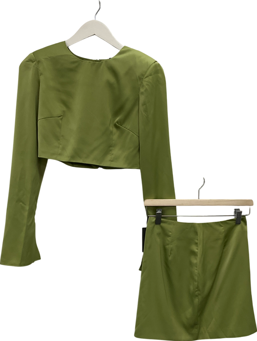 Misspap Green Premium Satin Shoulder Pad Split Skirt Co-ord UK 6