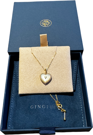 GINGIBERI 14k Solid Yellow Gold Mother Of Pearl & Lab Diamond Locket Pendant & Gold Vermail Chain