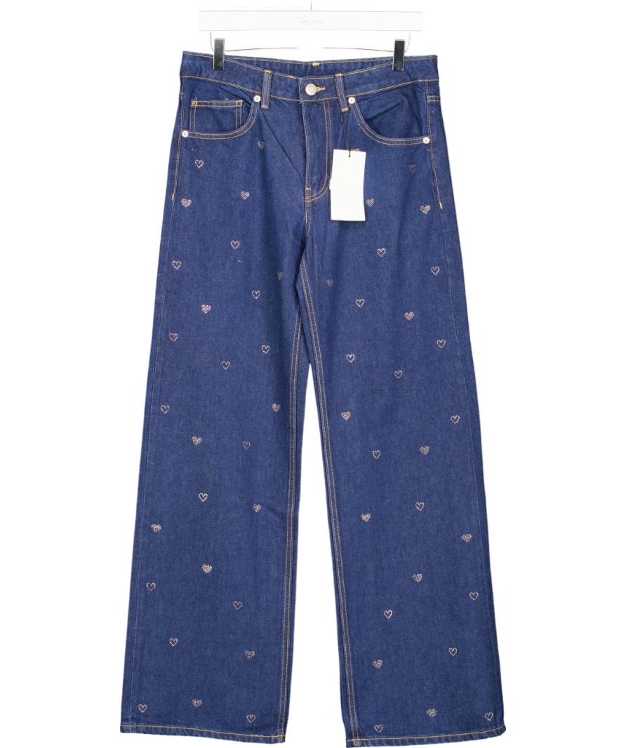 ZARA Blue Wide Leg Rhinestone Heart Mid Waist Jeans UK 8