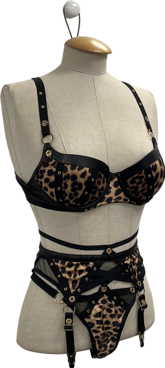 Honey Birdette Black Animal Print Padded Bra And Suspender Set UK 34B