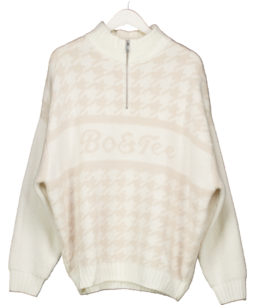 Bo + Tee Cream Oversized Half-zip Chunky-knit Jumper In Ice White UK M