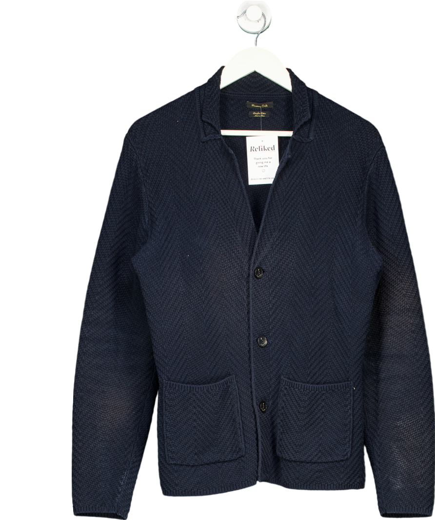 Massimo Dutti Navy Blue Cotton Herringbone Knit Cardigan UK M