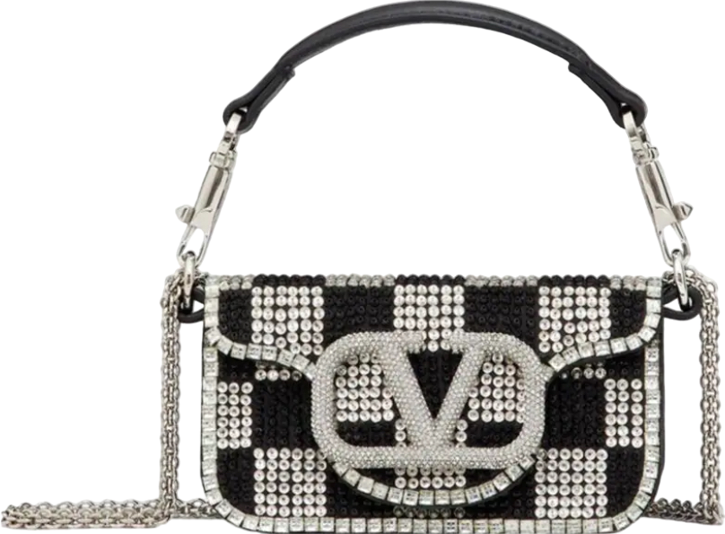 Valentino Garavani Black / Silver Crystal Embellished V-logo Locò Micro Bag