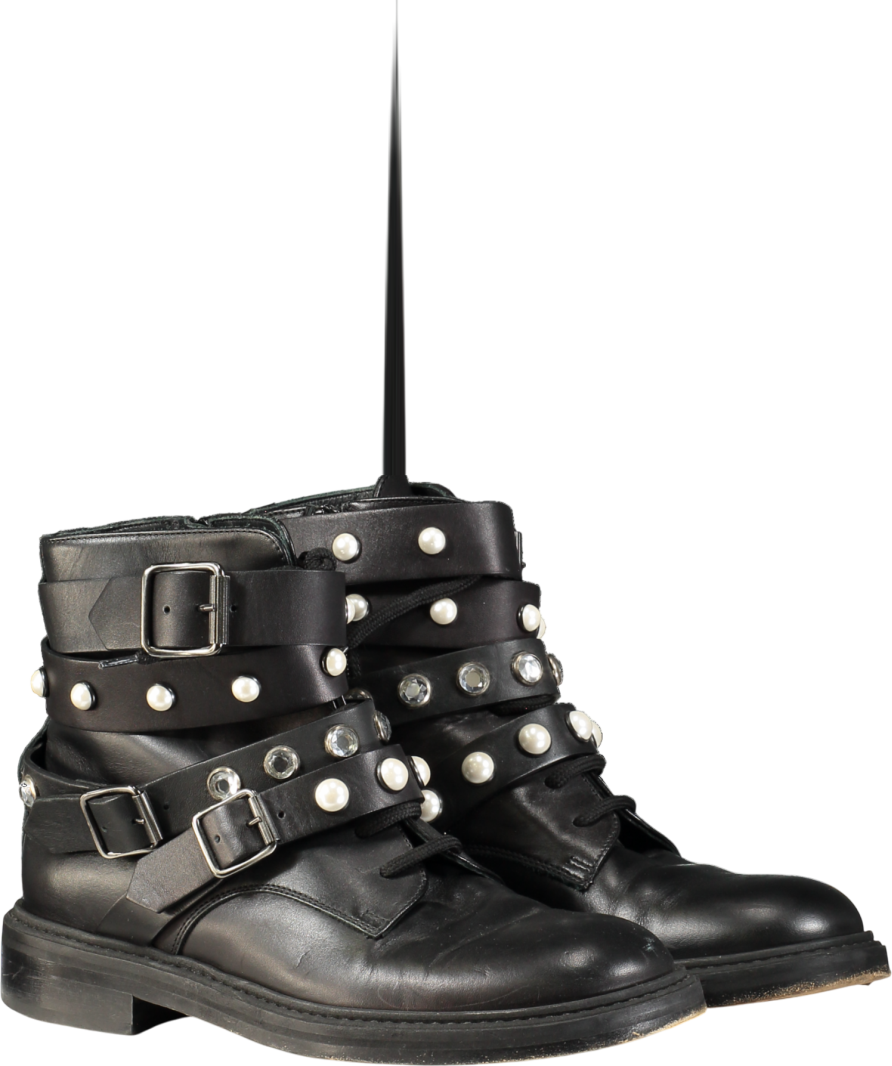 Pinko Black Leather Pearl & Crystal Trimmed Biker Boots UK 5 EU 38 👠