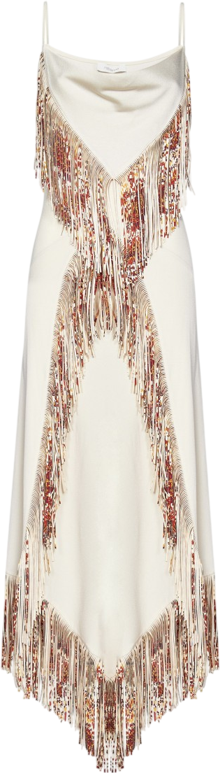 Paco Rabanne Cream Fringed Asymmetric Midi Dress Fr34 UK 6