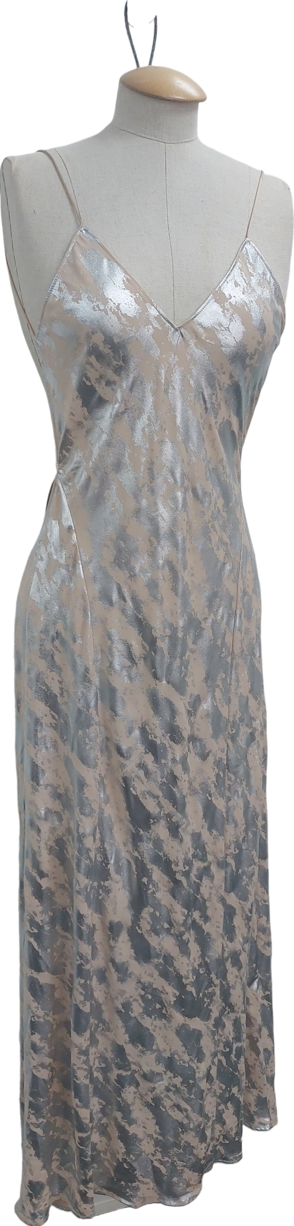 ZARA Nude Metallic Print Open Back Maxi Dress UK XS