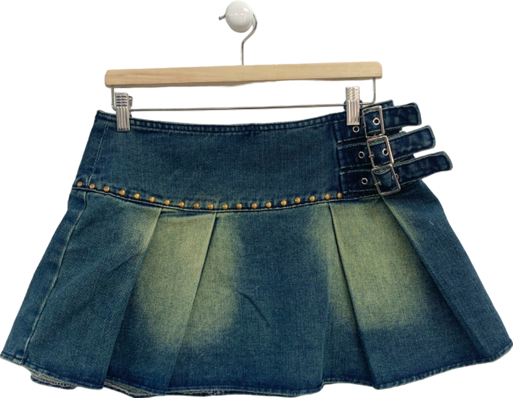 Nasty Gal Acid Wash Dark Blue Denim Pleated Buckle Mini Skirt UK 10