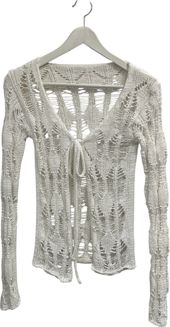 gateless White Crochet Tie Up Long Sleeved Top UK S