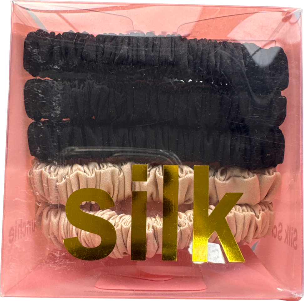 SILK. Set Of 5 Black/ivory 100% Mulberry Silk Hair Scrunchies