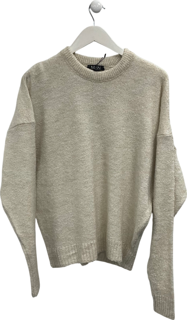 boohooMan Cream Boxy Boucle Knit Extended Neck Jumper UK S