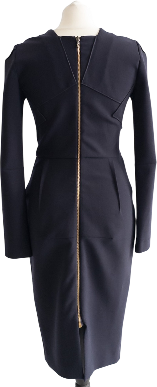 Roland Mouret Blue Classic Wool Blend Long Sleeve Zip Back Pencil Dress UK 12