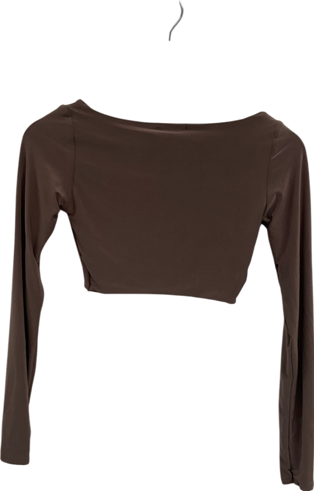 PrettyLittleThing Brown Double Layer Slinky Ring Detail Crop Top UK 8