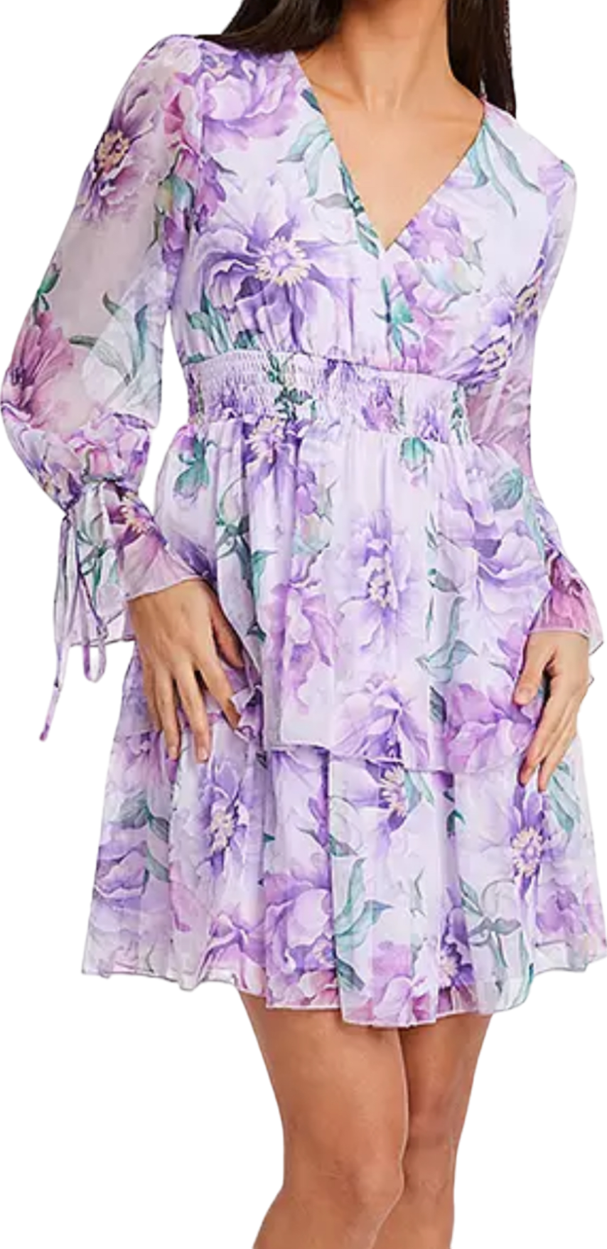 QUIZ Purple Lilac Chiffon Floral Tiered Long Sleeve Mini Dress UK 8