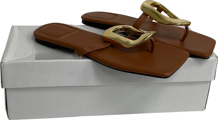 Brown Square Toe Flip Flops, Summer Outdoor Fashion Casual Flat Thong Sandals With Golden Plastic Buckle UK 6 EU 39 👠