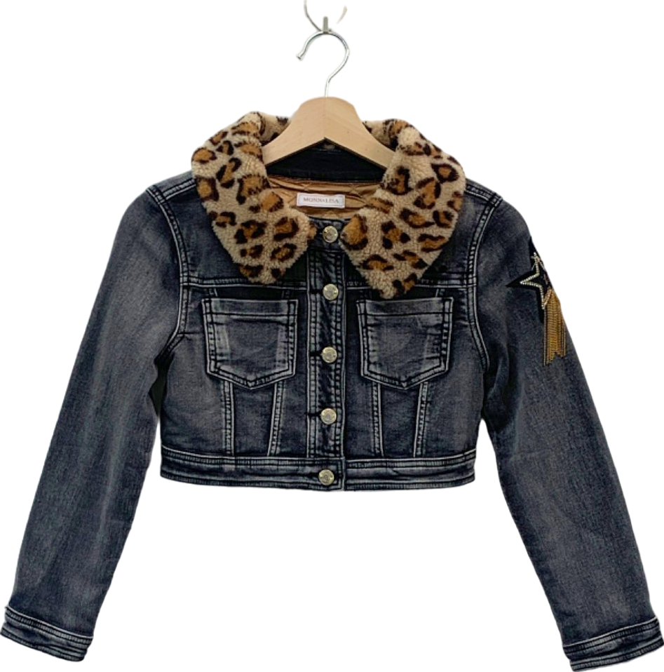 Monnalisa Grey Denim Jacket with Leopard Print Fur Collar SZ  140cm 10 years