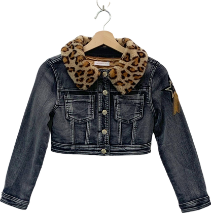 Monnalisa Grey Denim Jacket with Leopard Print Fur Collar SZ  140cm 10 years