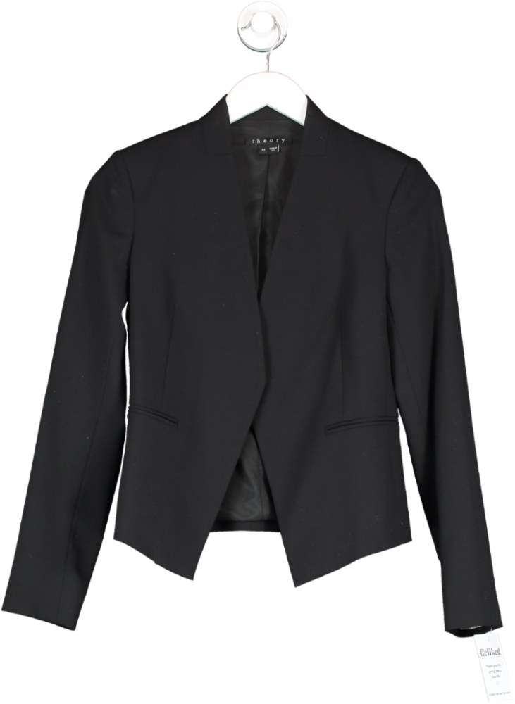 Theory Black Collarless Wool Blend Blazer UK XXS