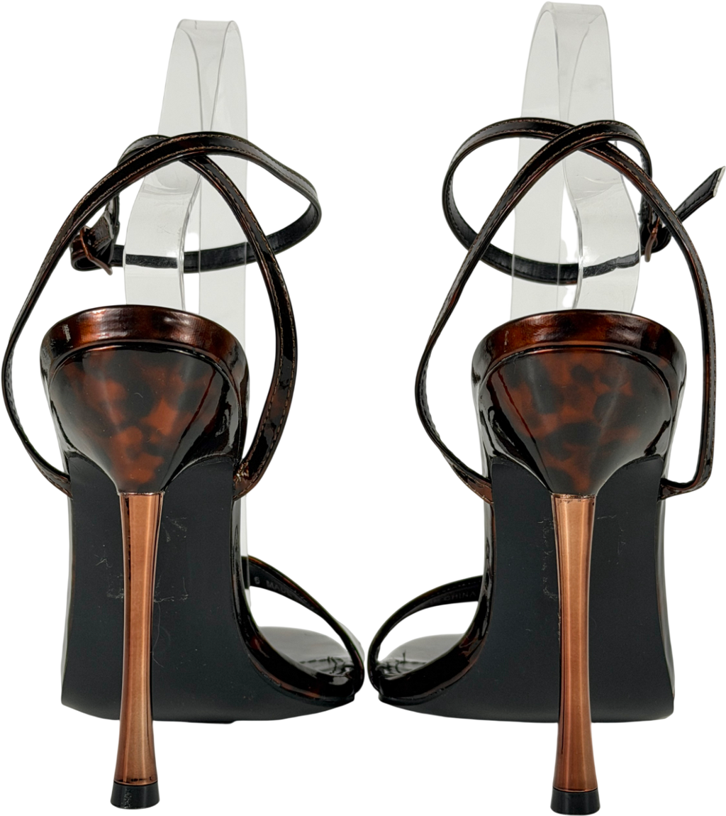 Public Desire Brown Soho Tortoise Print Barely There Strappy Stiletto Heels UK 6 EU 39 👠