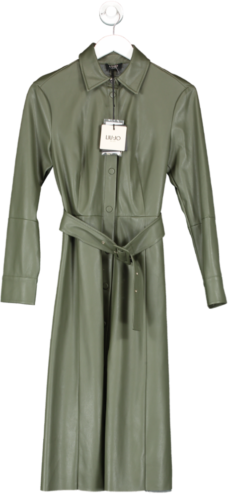 Liu JO Olive Green Eco Leather Midi Shirt Dress Bnwt UK 8