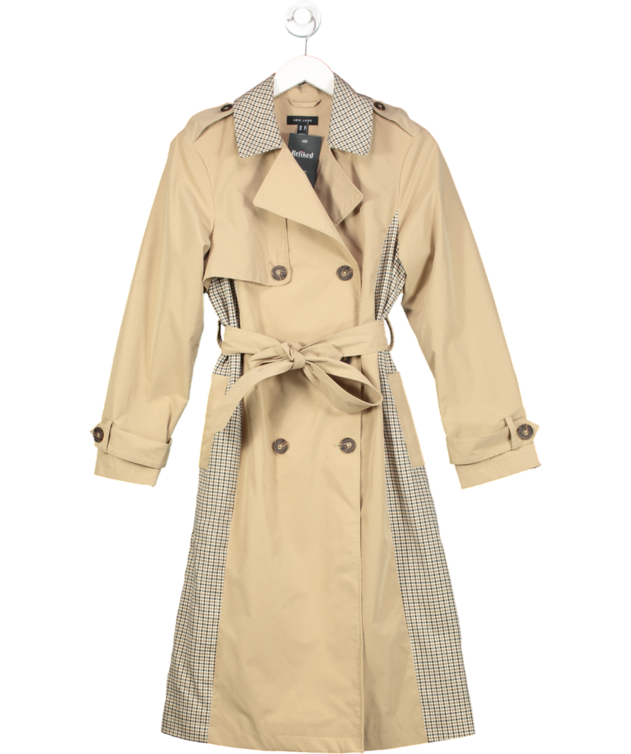 New Look Beige Check Trimmed Trench Coat UK 10