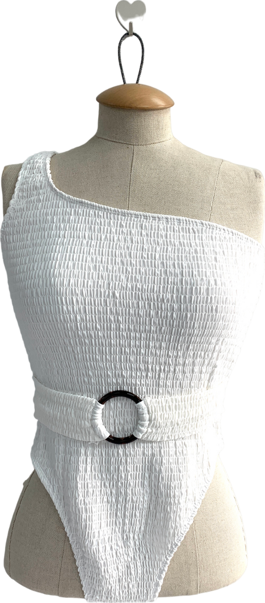 In The Style White Textured Belted One Shoulder Swim Suit UK 10