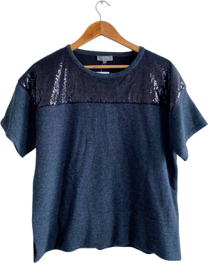 N. PEAL Charcoal Grey / Black 100% Cashmere Sequin Trim Knit Top UK L