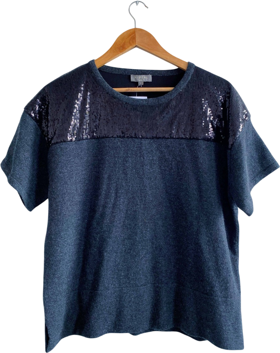 N. PEAL Charcoal Grey / Black 100% Cashmere Sequin Trim Knit Top UK L
