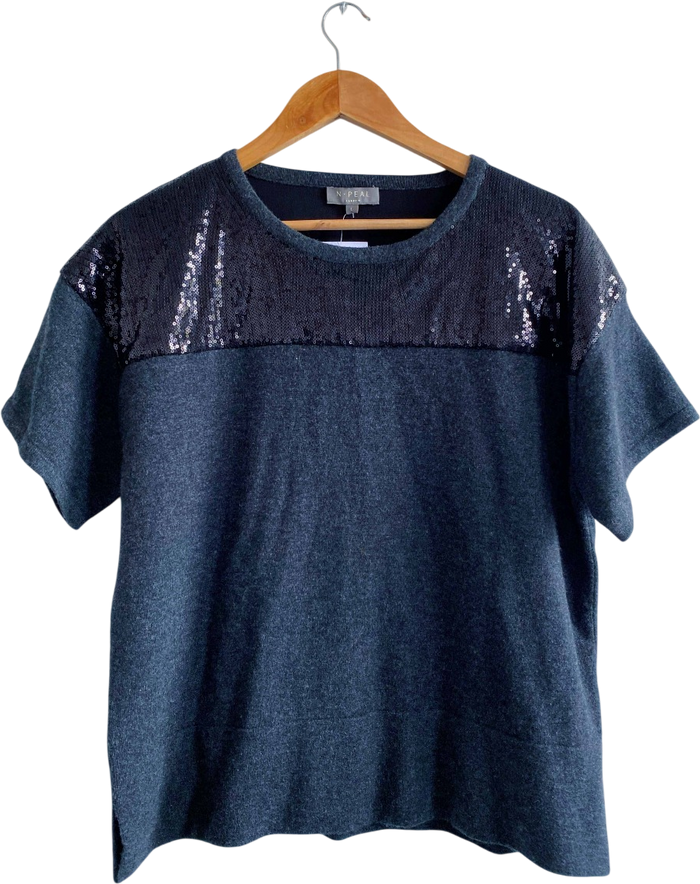 N. PEAL Charcoal Grey / Black 100% Cashmere Sequin Trim Knit Top UK L