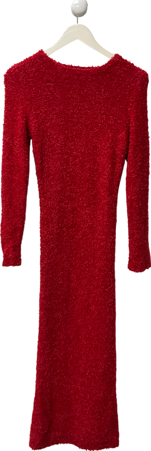 PrettyLittleThing Red Fuzzy Knit Long Sleeve Maxi Dress UK S