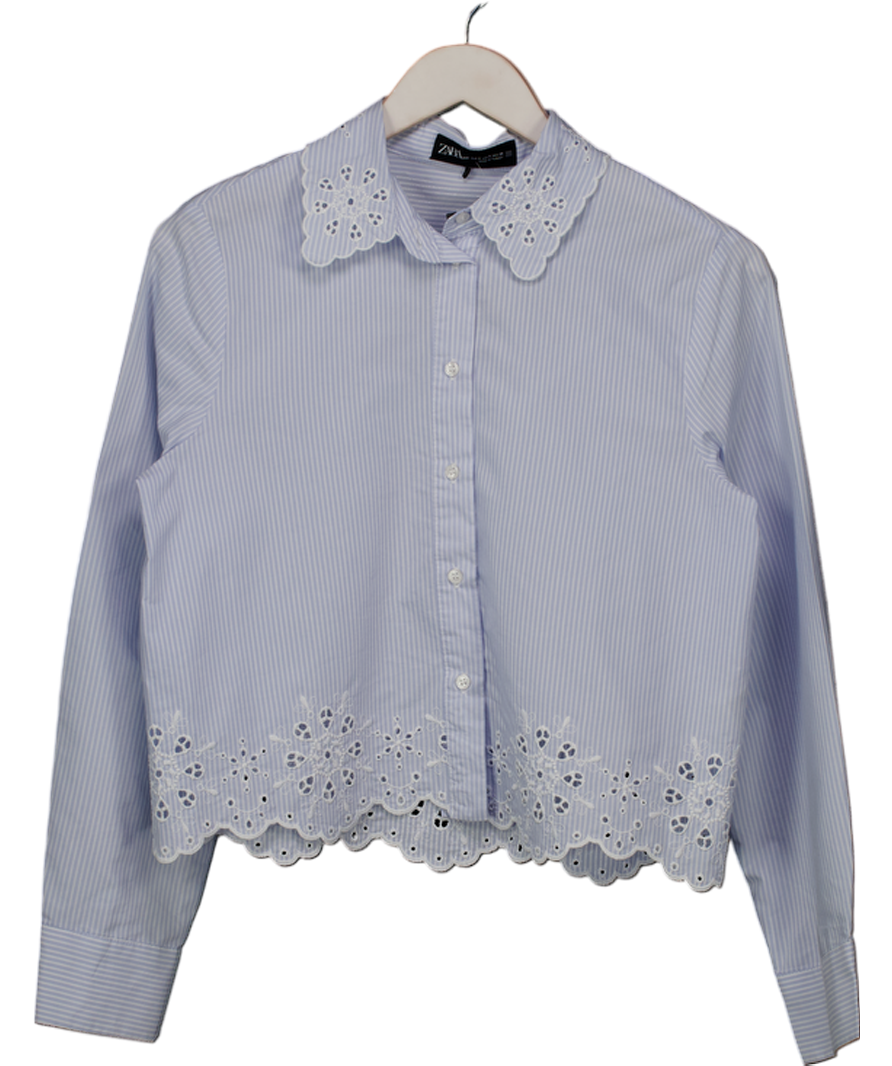 ZARA Blue Broderie Striped Cropped Shirt UK S