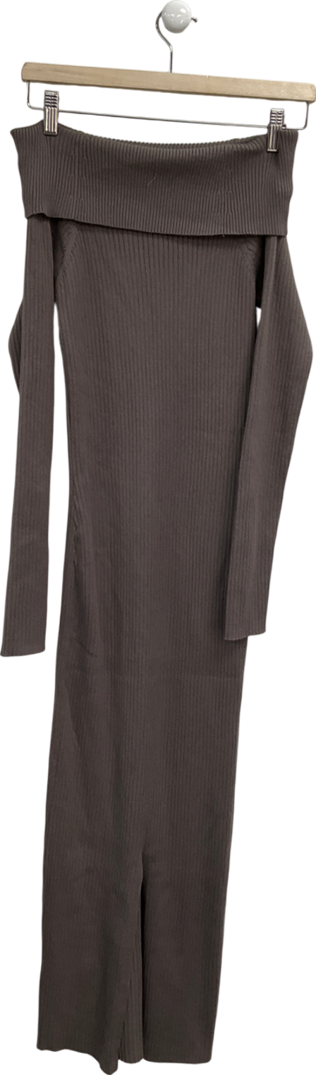 New Look Petite Brown Ribbed Bardot Long Sleeved Midi Dress UK 10