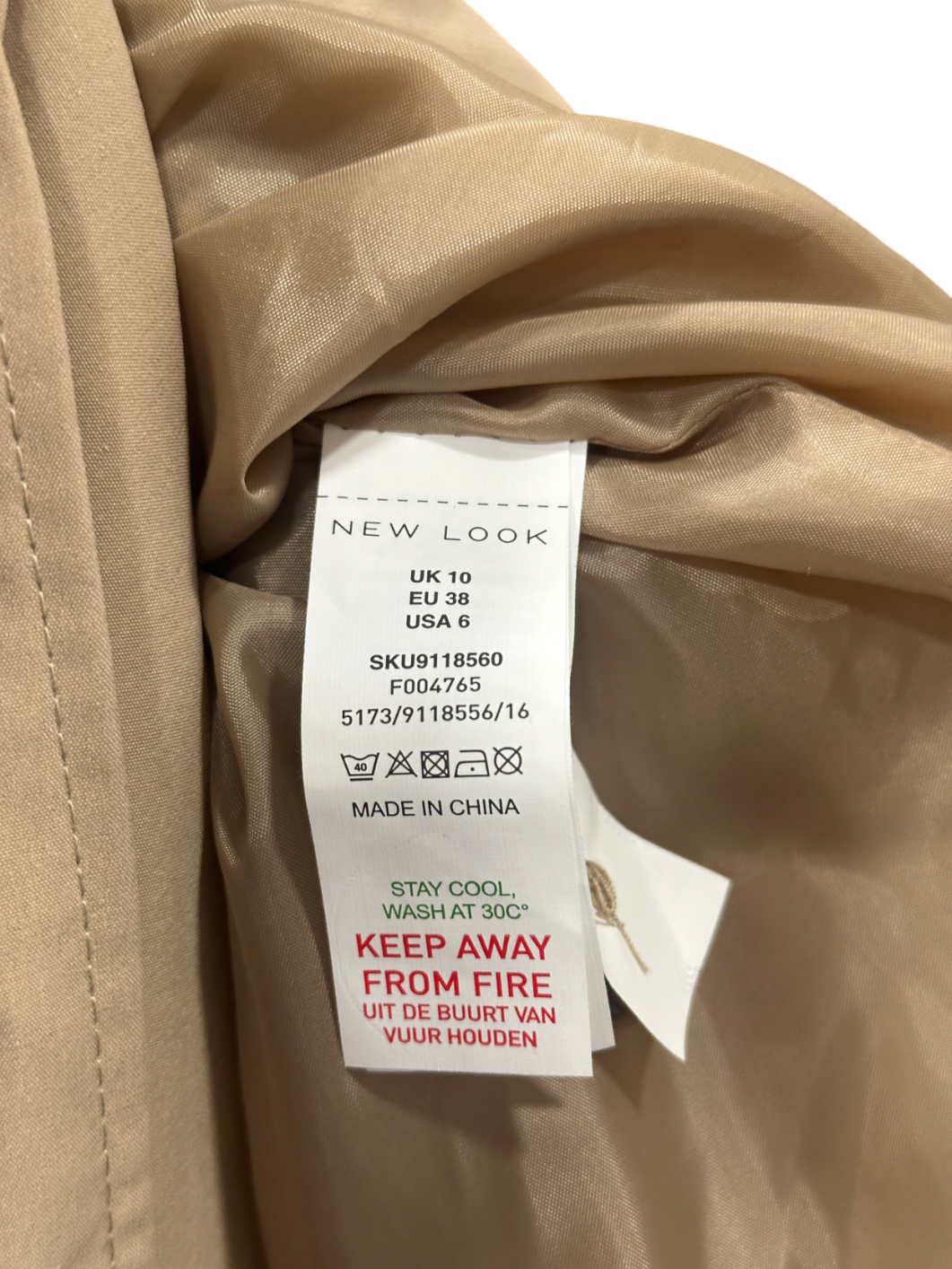 New Look Beige Check Trimmed Trench Coat UK 10