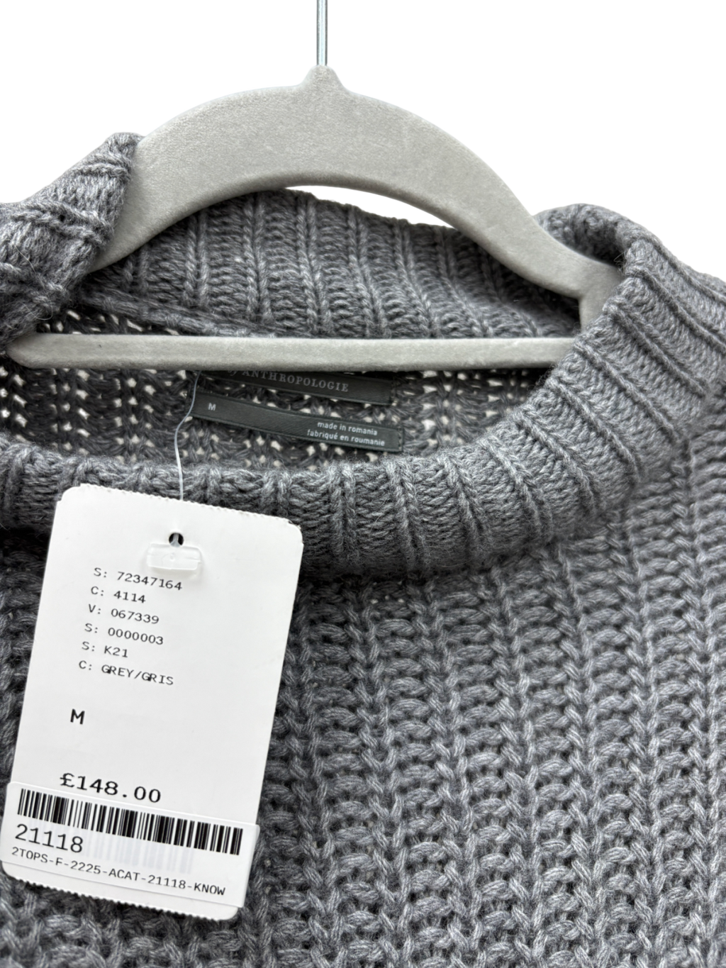 Anthropologie Grey Cable Knit Wool Blend Jumper UK M