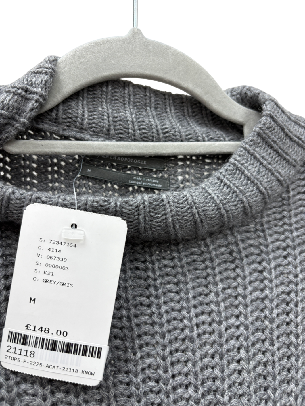 Anthropologie Grey Cable Knit Wool Blend Jumper UK M