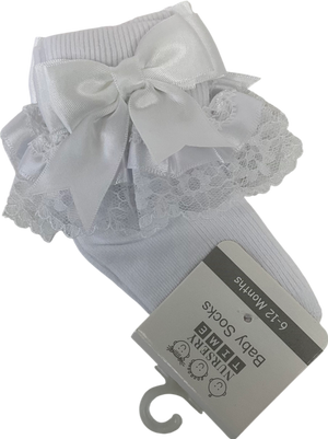 Nursery Time White Satin Bow Detail Frilly Socks 0-3 Months