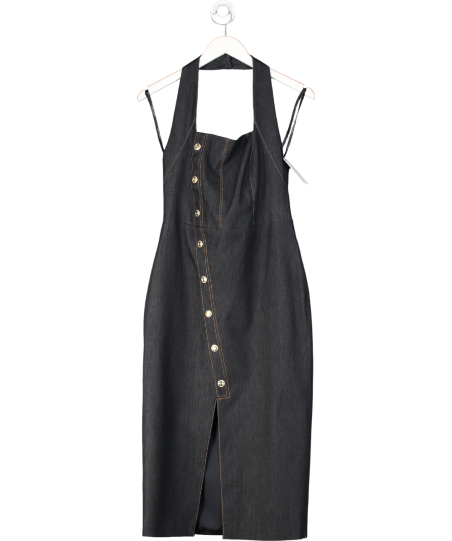 KAREN MILLEN Indigo Blue Stretch Denim Tailored Halter Neck Midi Dress UK 10